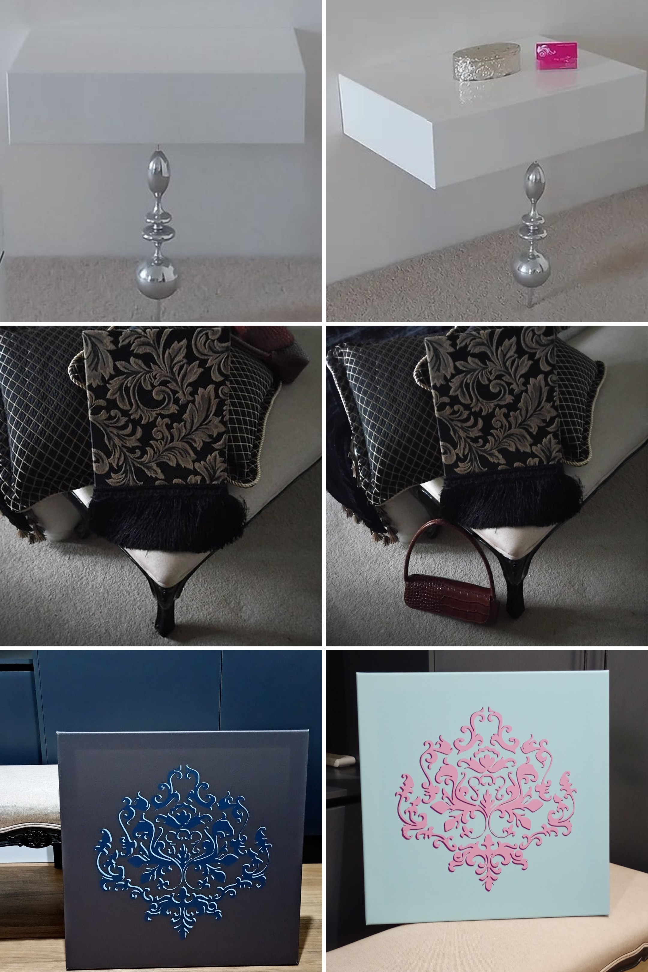 Rhonda Lee Wright Bedside Table / Handmade Scroll Wall Art / Damask Artwork